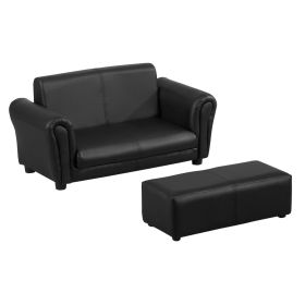 Qaba Toddler Sofa Set with Footstool Black Plush Kids Couch and Chair for Playroom Bedroom