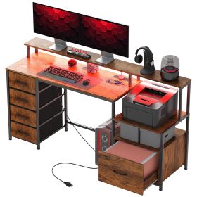 HOMCOM Computer Desk with Power Outlets and LED Lights, 67" Computer Table with File Cabinet and Fabric Drawers, Rustic Brown