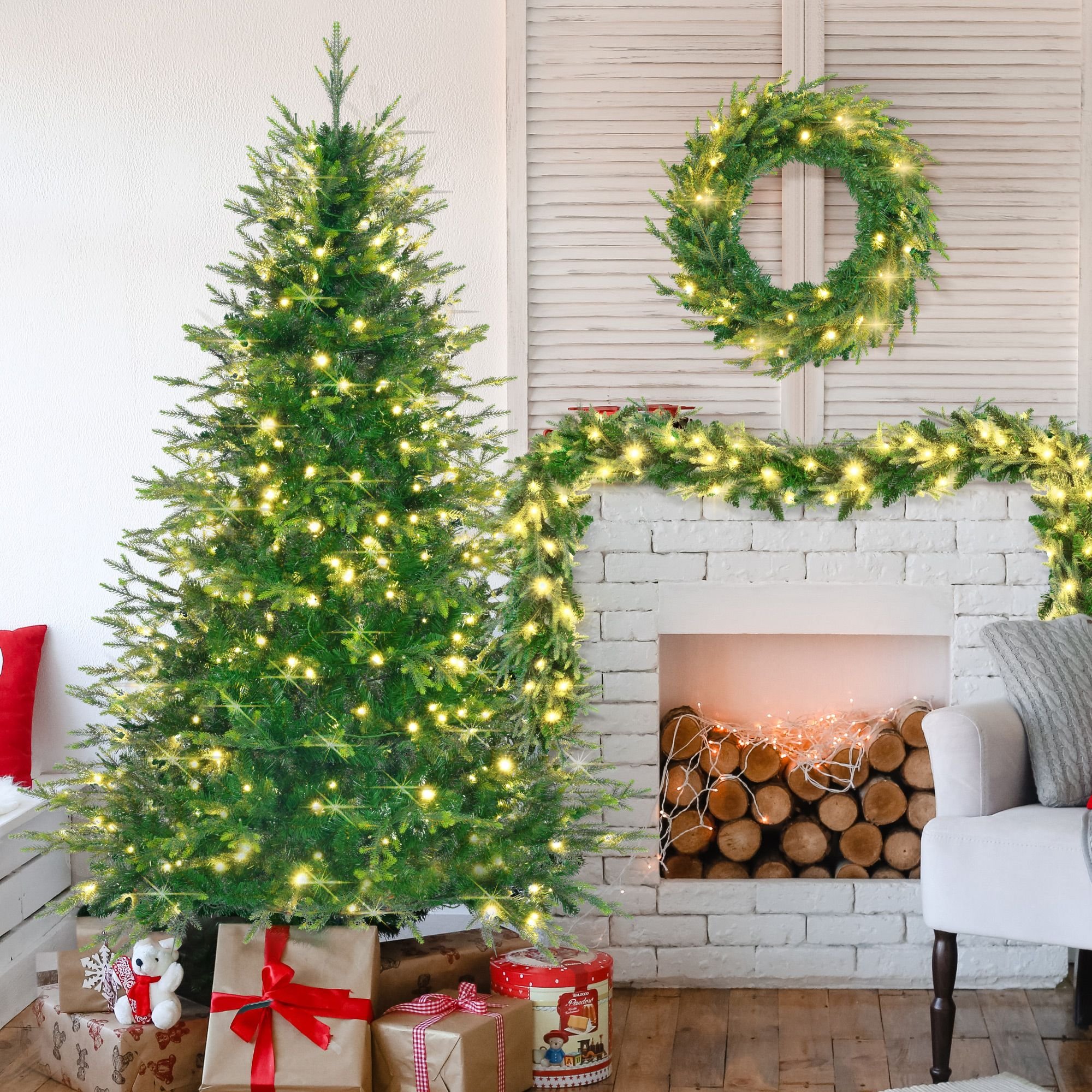 6FT Pre-Lit Aspen Fir Artificial Christmas Tree with Wreath & Garland ...