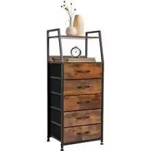 Rustic Brown Nightstand with 5 Drawers and 2 Tier Display Shelf Bedside Table Storage Cabinet for Bedroom Dresser Nursery Hallway Entryway Closet