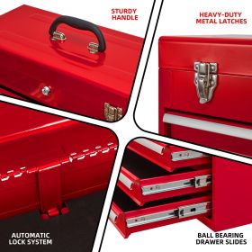 Metal Tool Box with 4 Drawers Portable Steel Tool Chest with Metal Cylinder Lock and Latch Closure, Liner, Red Powder coating, suitable for Garag