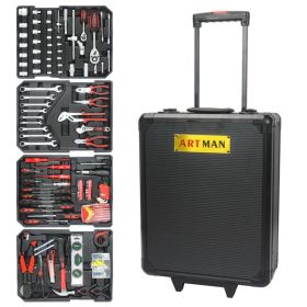 Black Manual Toolbox With 4 Layers Of Tool Sets And Wheels (Color: Black)