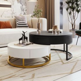 Modern Round Lift-top Nesting Coffee Tables with 2 Drawers (Color: White+Black, Material: MDF)