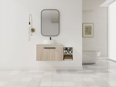 42 " Modern Design Float Bathroom Vanity With Ceramic Art Sink, White Flat Stone Slab and Small Storage Shelves, Soft Closed Door (Color: as Pic)