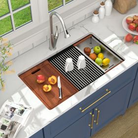 33 in. Quartz Stone Composite Black/White Double Bowl Under Mount Workstation Kitchen Sink with Sink Accessories (Color: Black)