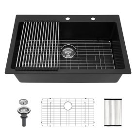 Quartz Kitchen Sink Black granite composite Drop in kitchen sink (Black: 33x22")