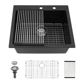 Quartz Kitchen Sink Black granite composite Drop in kitchen sink (Black: 25x22")